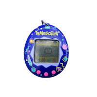 a small blue electronic toy with a colorful design